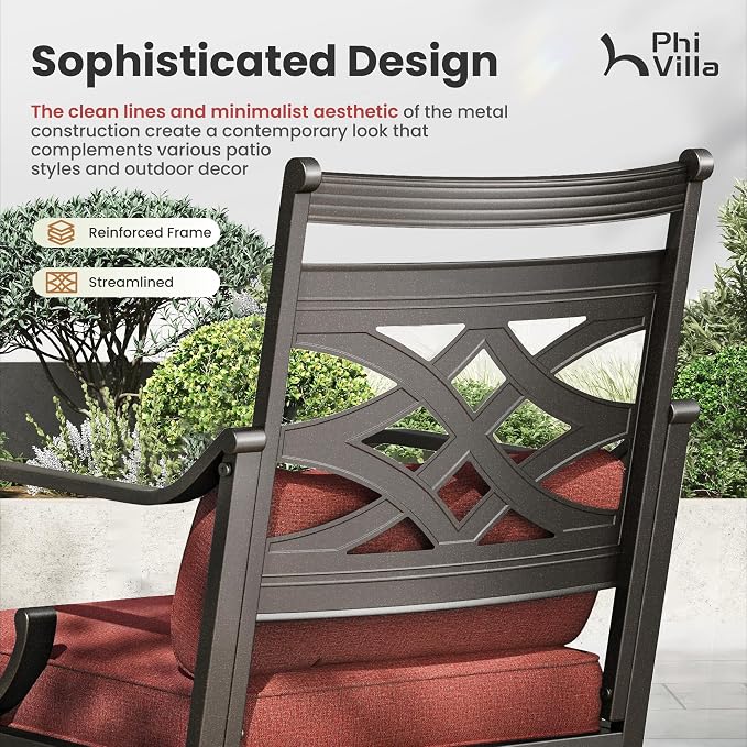 PHI VILLA 5 Pieces Outdoor Dining Set for 4, 42" Square Brown Metal Table with Umbrella Hole & Wrought Iron Swivel Chairs, Large Outside Furniture with Red Cushions & Pillows for Patio, Deck, Porch - Image 4