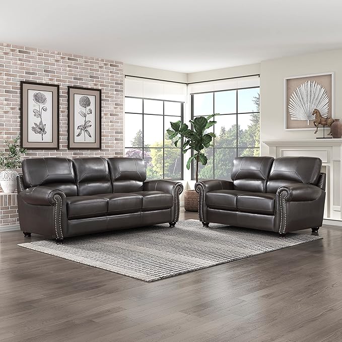 Lexicon Leather Match Sofa Set, Top Grain Leather Match Living Room Furniture Sets, Include Sofa Couch and Loveseat, 2-Piece Set, Dark Brown