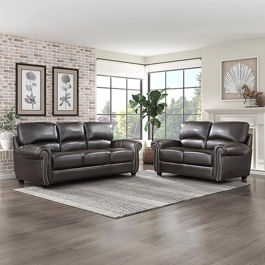 Lexicon Leather Match Sofa Set, Top Grain Leather Match Living Room Furniture Sets, Include Sofa Couch and Loveseat, 2-Piece Set, Dark Brown