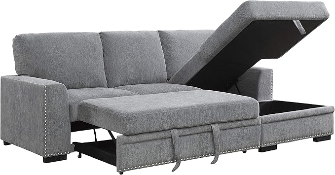 Lexicon Mid Century Modern Sectional Sleeper Sofa Bed Couch with Storage Chaise, Sectional Sofa Pull Out Couch Bed, Sectional Couch Lounge Sofa for Living Room Apartment, Right Side Chaise, Gray