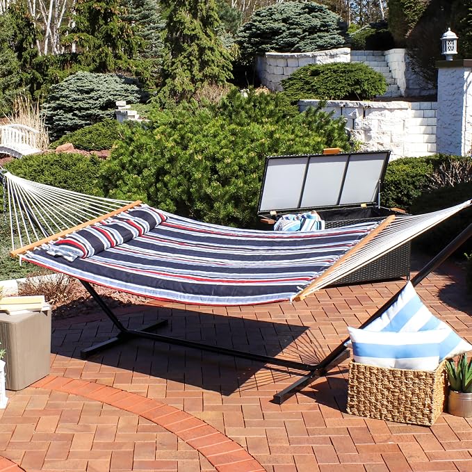 Sunnydaze Quilted Double Hammock for Outside with Spreader Bars and Pillow - 450 lb Capacity, 74x55 Inch Bed, UV Resistant, Quick Dry - Chains Included, Stand Sold Separately - Nautical Stripe - Image 9