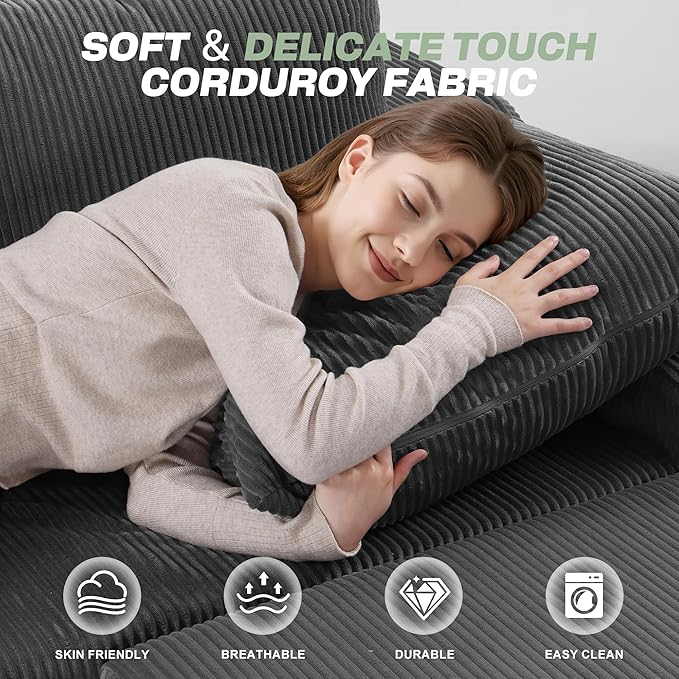 HABUTWAY 94“ U Shaped Modular Sectional Couch for Living Room, Modular Cloud Sofa with Ottoman, No Assembly Boneless Couches with Deep Seat, Corduroy Fabric (Grey, Left Facing)