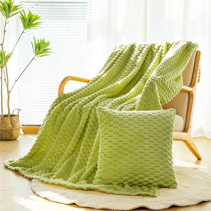 Bnuitland Flannel Throw Blanket, 300 GSM Fleece Cozy Warm Soft Home Decor Lightweight Bed Sofa Blanket for Adults, Suitable for All Seasons(Fruit Green,50X71 inches with Pillow Cover)