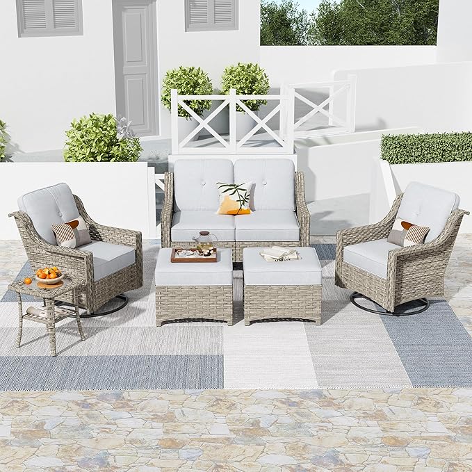 HOOOWOOO 6 Piece Patio Furniture Conversation Sets with Swivel Rocking Chairs,Outdoor Wicker Furniture with Ottoman,All Weather Resistant High Back Rattan Conversational Set(Light Grey Gray)