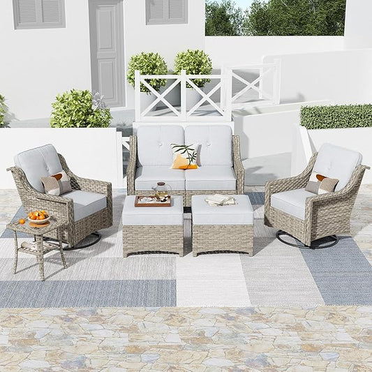 HOOOWOOO 6 Piece Patio Furniture Conversation Sets with Swivel Rocking Chairs,Outdoor Wicker Furniture with Ottoman,All Weather Resistant High Back Rattan Conversational Set(Light Grey Gray)