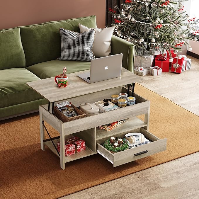 WLIVE Coffee Table, 39" Lift Top Coffee Table with Hidden Compartment, Storage Drawers and Storage Shelf for Living Room, Reception Room, Grey