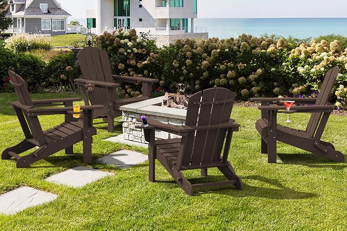 SERWALL Adirondack Chair with Cup Holders - Composite Adirondack Chairs Set of 4 HDPE Outdoor Chairs All Weather Use- Coffee - Image 8
