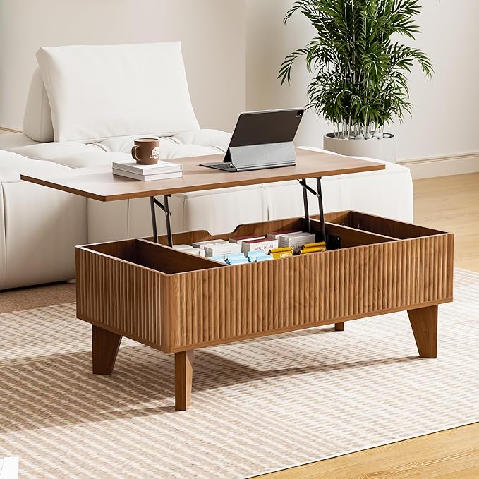 Rectangular Lift Top Coffee Table with Storage, 41.5" Mid Century Modern Center Table for Living Room, Wood Fluted Coffee Table for Home Office, Walnut