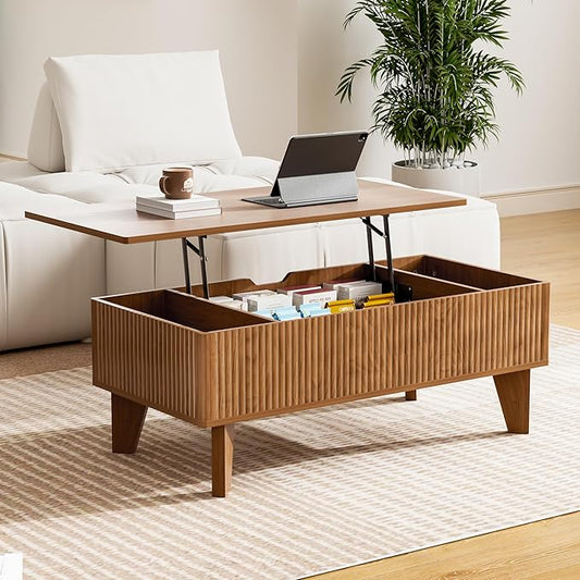 Rectangular Lift Top Coffee Table with Storage, 41.5" Mid Century Modern Center Table for Living Room, Wood Fluted Coffee Table for Home Office, Walnut