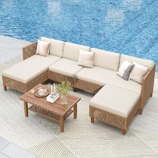 PHI VILLA 6 Seats Outdoor Sectional Sofa with Cushions and Acacia Wood Coffee Table, Patio Conversation Set for Garden, Backyard or Balcony, Beige