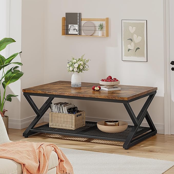 EnHomee Coffee Table with Storage, Modern Coffee Tables for Living Room with Mesh Shelf, 2 Tier Rectangular Center Table for Living Room, Bedroom, 39.4 Inch, Rustic Brown