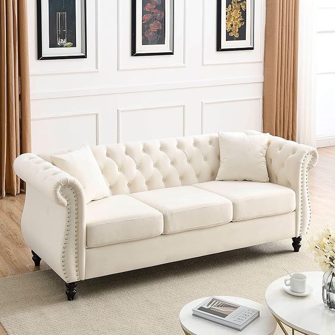 KEIKI Chesterfield Sofa, Retro Style Upholstered 3+3 Seats Velvet Couch with Rolled Arm for Living Room Bedroom Office, Beige