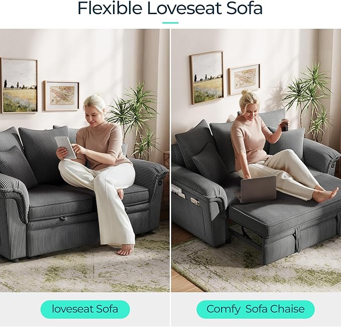 LINSY HOME Sectional Loveseat Sofa with Pull Out Chaise (Gray, 62.5'') | USB Charging, Pillow-style Armrest, Multiple Cushions, Side Storage Pockets, Corduroy Fabric