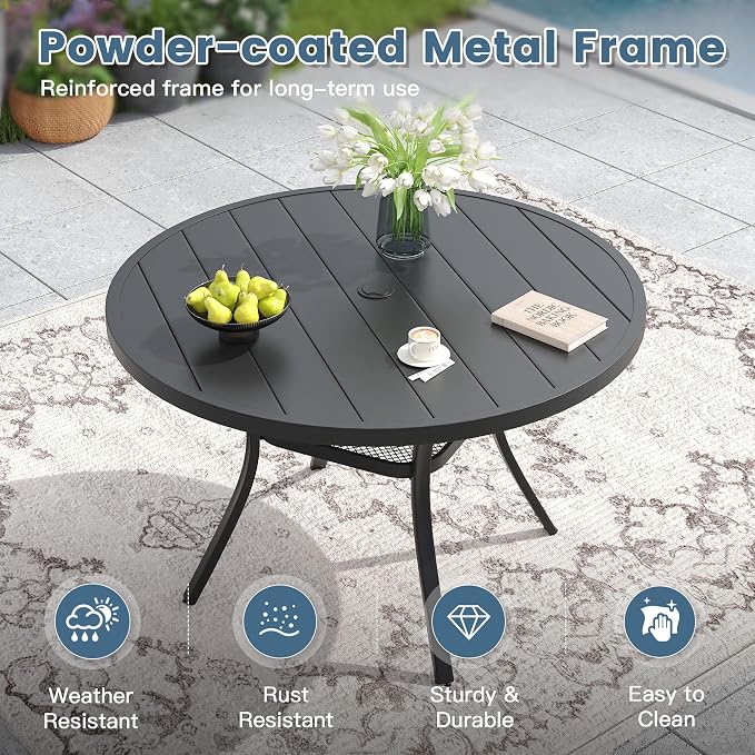 DIFY Outdoor Dining Set for 6, Patio Dining Furniture Set Includes 47.2" Black Round Table with Adjustable Umbrella Hole and 6 Red Stackable Metal Chairs for Poolside, Garden, Backyard - Image 6