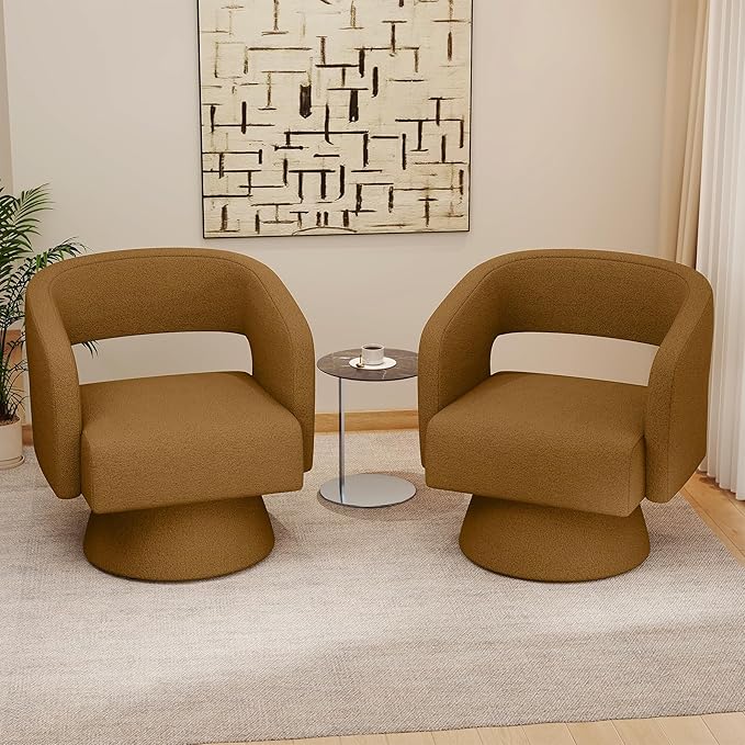 Nebuaegis Swivel Accent Chair Set of 2, Modern Comfy Teddy Barrel Chairs, Oversized Upholstered Round Arm Chair for Living Room, Bedroom, Reading Room, Brown