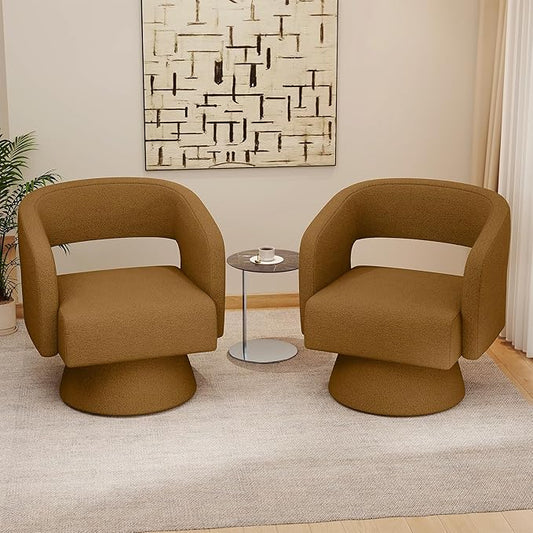 Nebuaegis Swivel Accent Chair Set of 2, Modern Comfy Teddy Barrel Chairs, Oversized Upholstered Round Arm Chair for Living Room, Bedroom, Reading Room, Brown