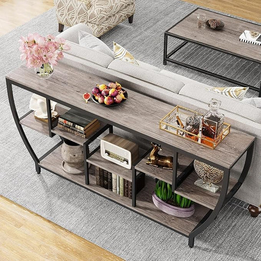 LITTLE TREE 70.9 Inch Long Sofa Table with Shelves, Rustic Console Table with Storage, Industrial Entryway TV Stand, Behind Couch Table Accent Tables for Living Room, Hallway, Foyer