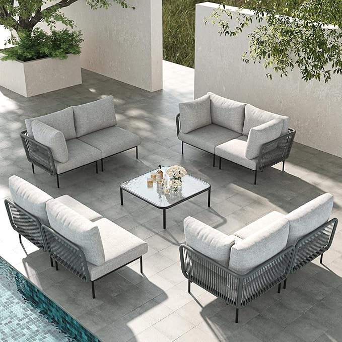 LayinSun 9 Pieces Aluminum Patio Furniture Set, Modern Modular Sectional Sofa with Coffee Table and Upgrade Thickness Cushion
