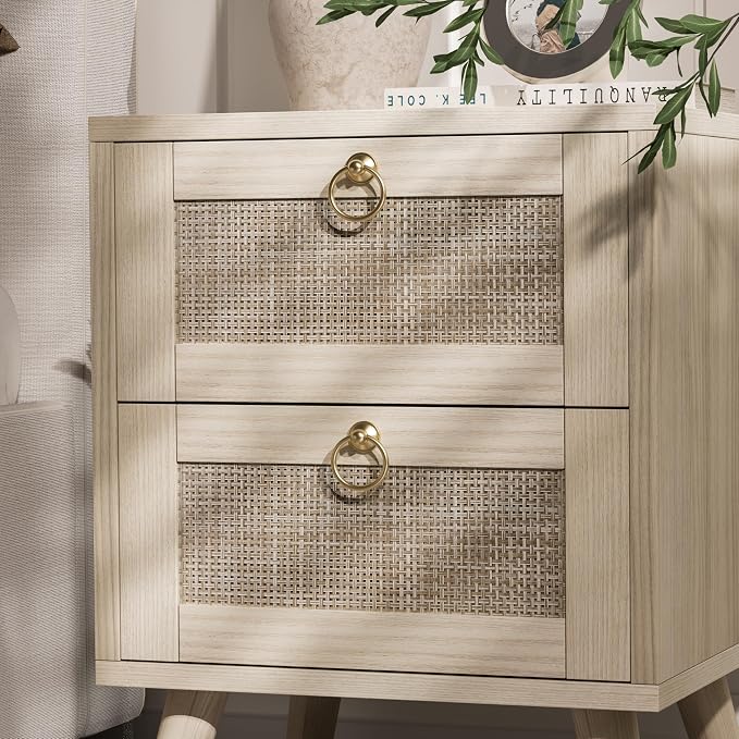 BOLUO Wooden Night Stand with 2 Drawer, Rattan Small Nightstand Boho Bedside Table for Bedroom Coastal - Image 4