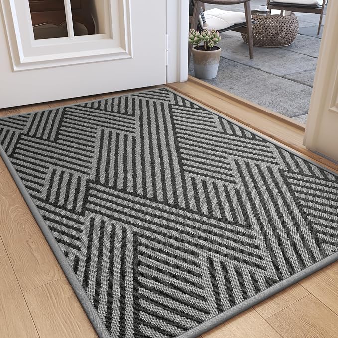 Door Mat Indoor Outside Entrance 24"x35", Low-Profile Non Slip Outdoor Inside Doormat Entryway Mat, Dirt Resistant Absorbent Front Porch Welcome Entry Mats, Washable Easy Clean, Grey by QiCaiJia