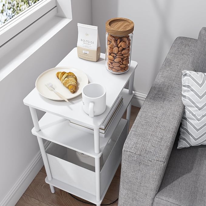 Small Side Table with Charging Station, End Table for Small Spaces, Slim Nightstand with Outlet,Sofa Beside Table, 3-Tier Storage Shelf,Living Room, Bed Room, Natrual White - Image 5