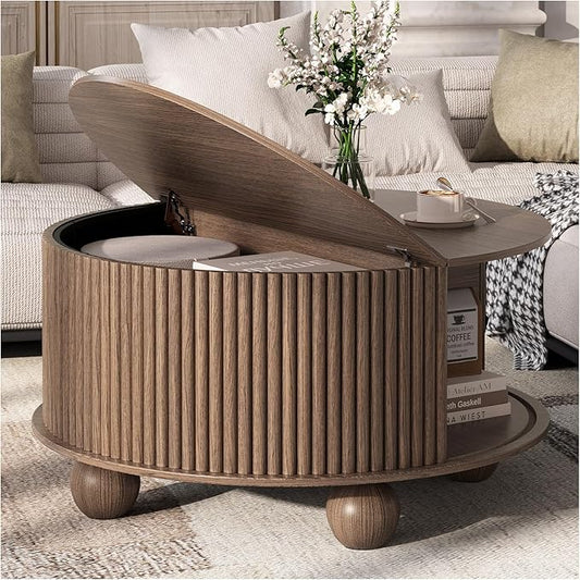 SULIVES Round Coffee Table with Storage, Unique Circle Drum Table with Sliding Door,Fluted Accent Center Table with Bun Feet for Living Room, Walnut