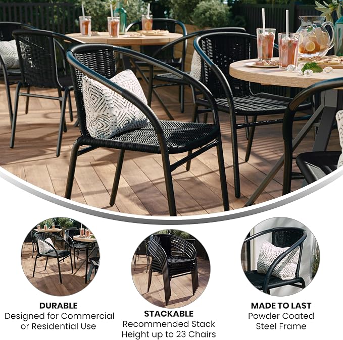 EMMA + OLIVER Set of 2 Modern Rattan Indoor/Outdoor Stack Chairs, Stacking Rattan Patio Chairs with Curved Back and Cross Bracing, Black - Image 5