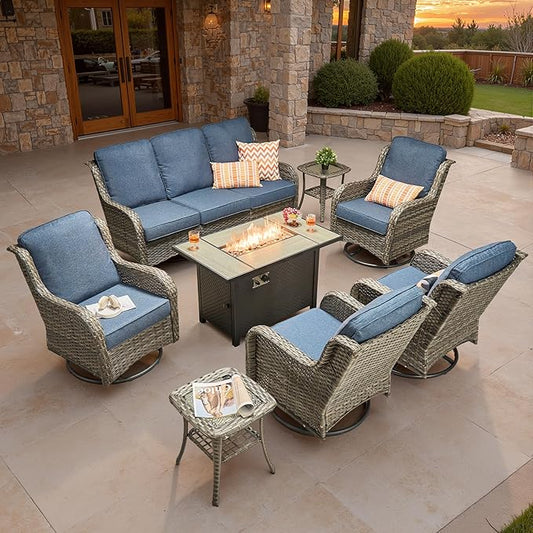 ovios 8-Piece Patio Furniture Set with Swivel Chairs Coffee Table, Outdoor Wicker Sofa with 42" Fire Pit Table, High Back Couch Modern Conversation Sets, Grey/Denim Blue