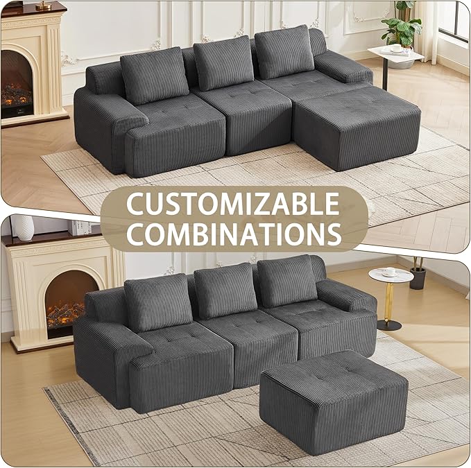105.8'' Modular Sectional Sofa with Movable Ottoman, 3 Seat Deep Seat Couch with 3 Pillows, Comfy Cloud Sectional Sofa for Living Room, Bedroom (Grey, 1 Left+1 Right+1 Middle+1 Ottoman)