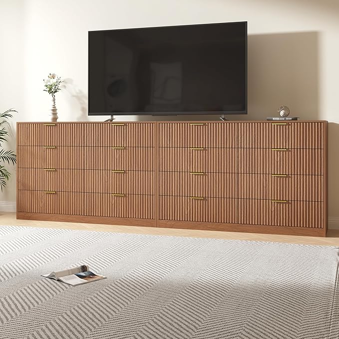 Dresser for Bedroom Set of 2, Large Dresser with 16 Drawers, Fluted Modern Bedroom Furniture Set, TV Stand Dressers & Chests of Drawers for Closet, Natural Wood(15.7" D x 110.2" W x 36" H)