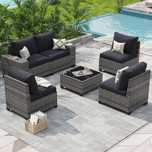Aoxun Patio Furniture Set, 6 Pcs Outdoor Patio Furniture Sets with 4in Thicken Cushion, Widen Armrests Wicker Outdoor Sectional for Backyard