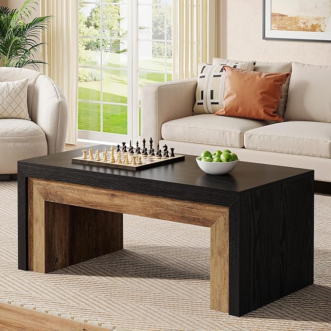Tribesigns 47-Inch Coffee Table for Living Room, Mid-Century Modern Coffee Table with Sturdy Base, Farmhouse Rectangle Accent Center for Apartment, Easy Assembly (Black & Walnut)