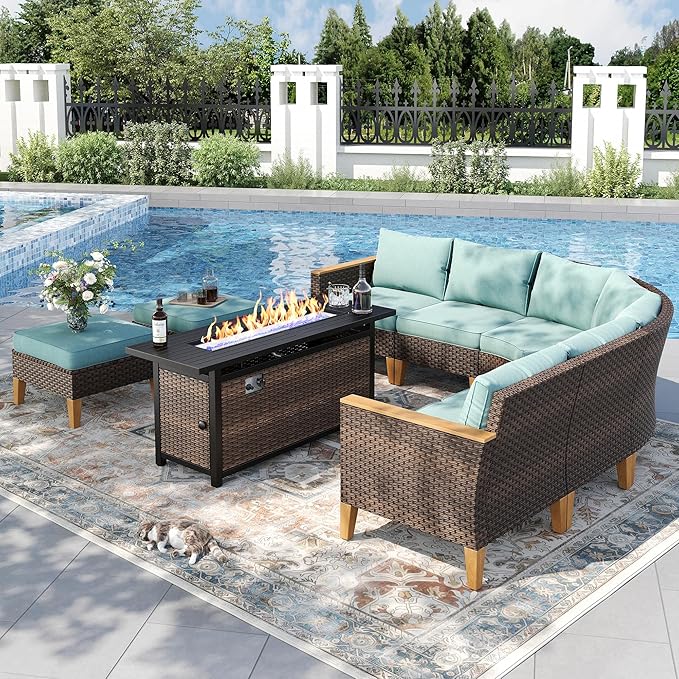 PHI VILLA 8-Piece Curved Patio Furniture Set with Fire Pit Table, Outdoor Wicker Half-Moon Sectional Sofa with Cushions, 56” Gas Fire Pit Table and Ottomans, Aqua Blue