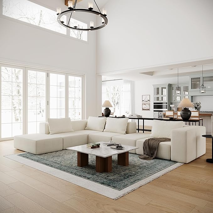 Acanva Oversized Modular Sectional Sofa with Removable Washable Slipcovers, Modern Low Profile Deep Seat Couch for Living Room, Linen-Like-Cream, 4 Armless Chairs & 4 Armrests/Ottomans