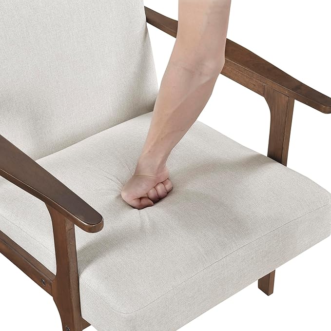 Lexicon Mid Century Modern Accent Chair, Upholstered Lounge Armchair, Single Sofa Seat, Brown Finish Solid Wood Framed Comfy Side Chairs for Living Room/Bedroom/Office/Waiting Area, Beige