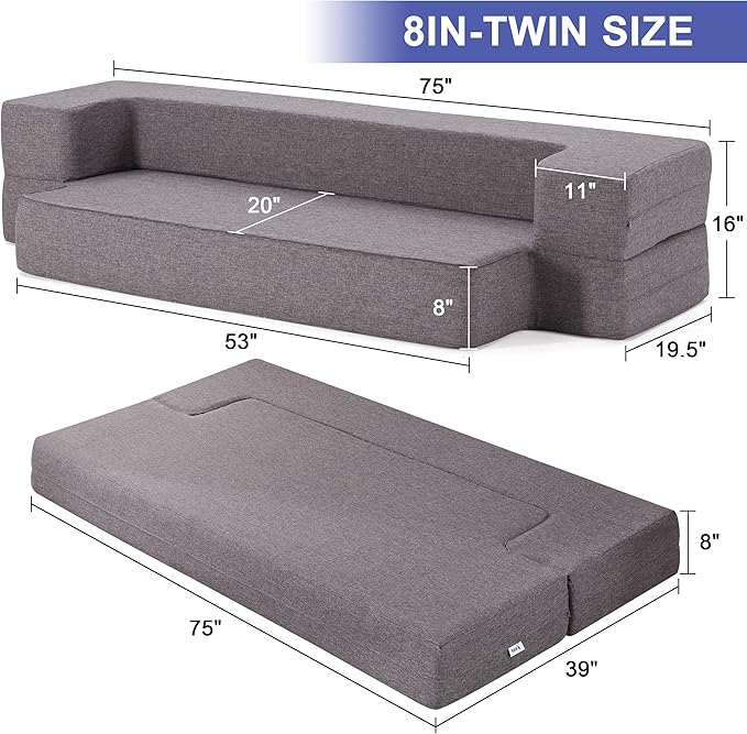 Floor Sofa Bed, Convertible Sleeper Lounge Couch Folding Mattress with 2 Pillows & Washable Cover for Living Room, Guest, Playroom 8inches Twin