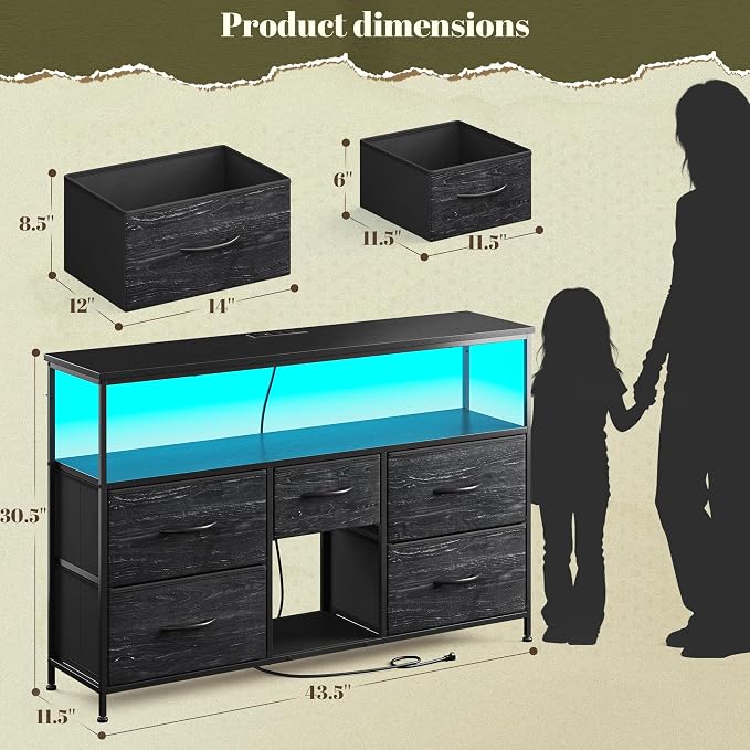 Romorgniz Dresser TV Stand for 50" TV with Power Outlets & LED Light, Entertainment Center with Storage 5 Fabric Drawers Dressers TV Stand for Bedroom, Living Room, Grain Black - Image 8
