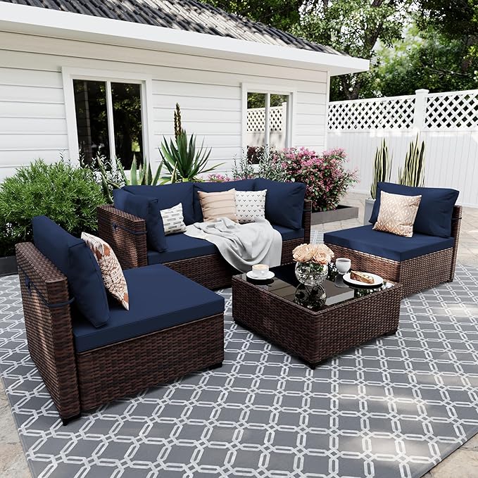 UPHA 5 Pieces Patio Furniture Sets, Wicker Outdoor Sectional Sofa Couch with Coffee Table, Patio Conversation Set for Deck Backyard Garden, Brown Rattan, Navy Blue Cushion