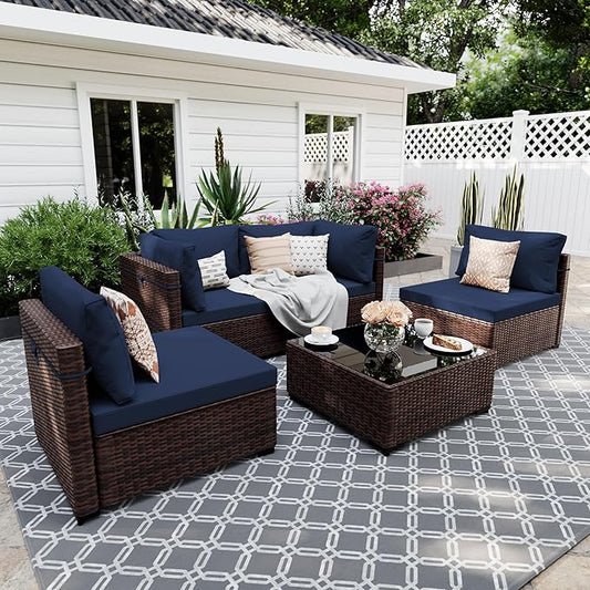 UPHA 5 Pieces Patio Furniture Sets, Wicker Outdoor Sectional Sofa Couch with Coffee Table, Patio Conversation Set for Deck Backyard Garden, Brown Rattan, Navy Blue Cushion