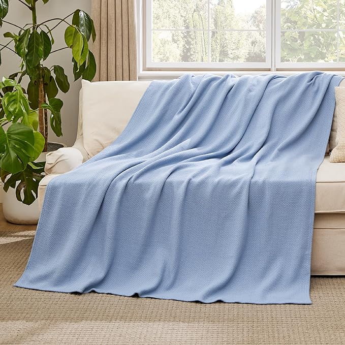 Bedsure GentleSoft 100% Cotton Blanket Full Size for Bed - Breathable and Lightweight, Soft Cozy Textured Herringbone Woven Blanket for Summer Spring, Ashley Blue, 80x90 inches