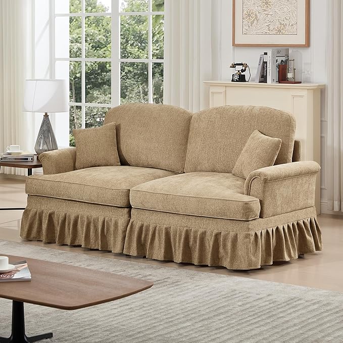 KEIKI Mid Century Modular Sofa with Flared Arms and Skirted Design, 76" Loveseat Chenille Sectional Couches for Living Room, Comfy Apartment Size Couch, Home Sofa Bedroom Furniture, Light Coffee