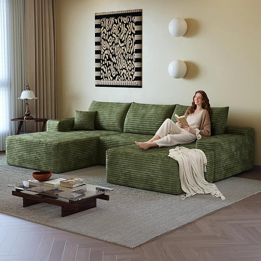 107" U Shaped Cloud Corduroy Couch with Ottoman, Comfy Sectional Boneless Couches for Living Room Bedroom, Deep Seat Sleeper Compression Sofa, No Assembly, Left Facing Chaise, Green