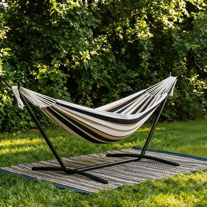 Double Hammock with Steel Stand - 2 Person Hammock Bed Indoor Outdoor, Brazilian-Style, with Carry Bag, 450lb Capacity, Portable & Easy Assembly, Coffee by IDEALHOUSE