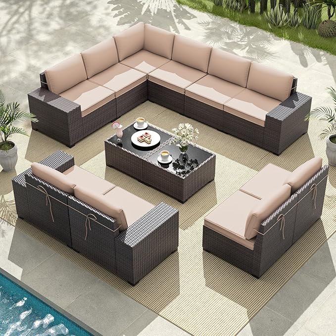 Gotland 12 Pieces Patio Furniture Set, Wicker Outdoor Sectional with Wide Armrests 29.5'' High Backrest 4'' Thick Waterproof Cushions, Oversized Patio Furniture for Deck Garden Khaki
