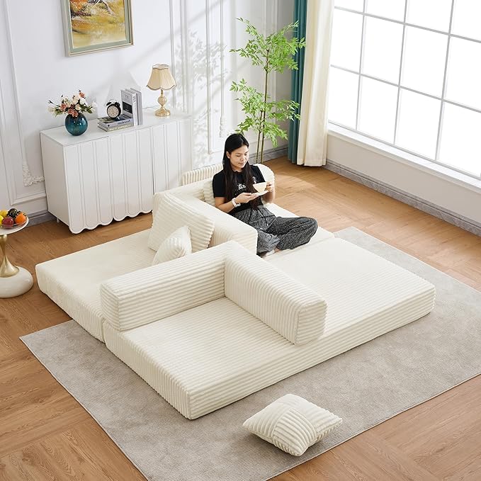 Convertible Sleeper Sofa Bed with Cylindrical Pillow, 3 in 1 Corduroy Folding Mattress Couch,Floor Sofas Lounge Couches w/Fixed-Shape Frame for Living Room,Ivory
