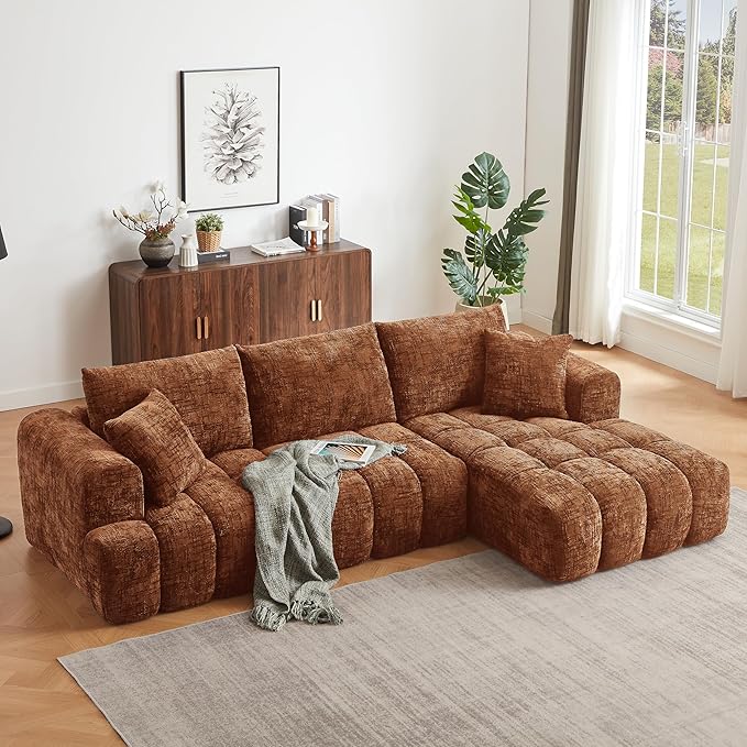 Tufted Chenille Cloud Modular Sectional Sofa,Oversized 2-Piece Right Facing Boneless Couch with Chaise Lounge, L-Shape Floor Lounge Sofa with 2 Throw Pillows for Living Room, No Assembly Required