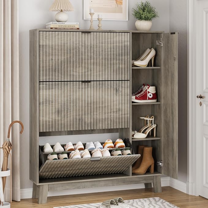 Xixini Shoe Cabinet with 3 Flip Drawers, 54" Tall Narrow Fluted Shoe Storage Organizer for Entryway, Hidden Wooden Shoe Rack with Adjustable Side Cabinet for Front Door Entrance, Hallway, Light Grey by Xixini