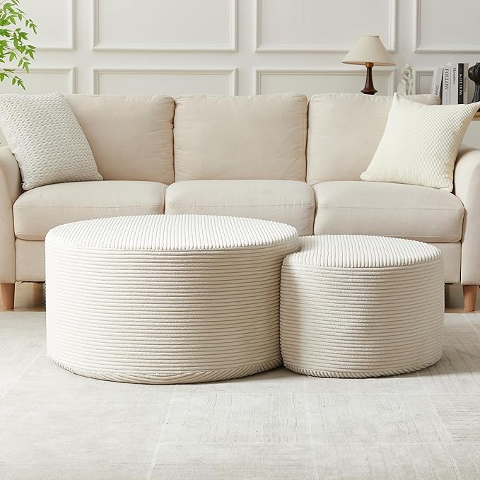 kevinplus 49.7'' Foam Round Nesting Coffee Table Set of 2, Modern Upholstered Side End Table Ottoman Footrest, No Assembly, Beige