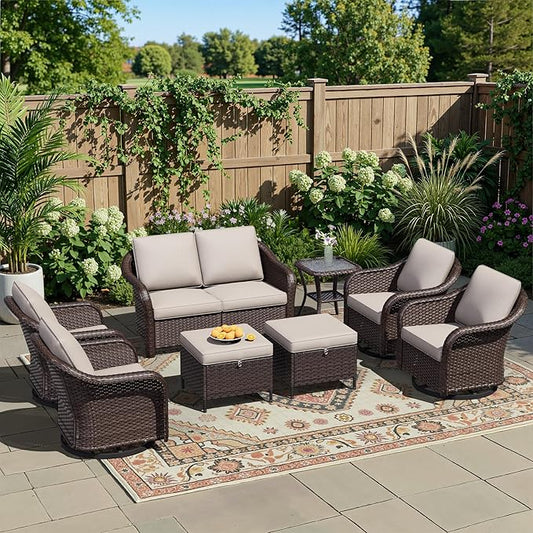 8 Piece Patio Wicker Conversation Set, All-Weather Use Outdoor Wicker Loveseat with 2 PE Rattan Ottomans,4 Swivel Chair, 1 Side Table, Ideal for Porch, Backyard, Balcony, Poolside, Beige