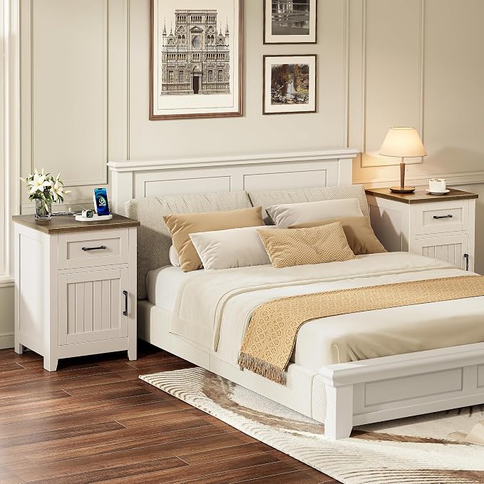 Decofy Farmhouse Nightstand with Charging Station, Set of 2 Modern End Tables with Large Storage & One Drawers, Outlets, USB Ports & Type-C Ports, Wood Rustic Nightstands for Bedroom (White + Walnut) - Image 7